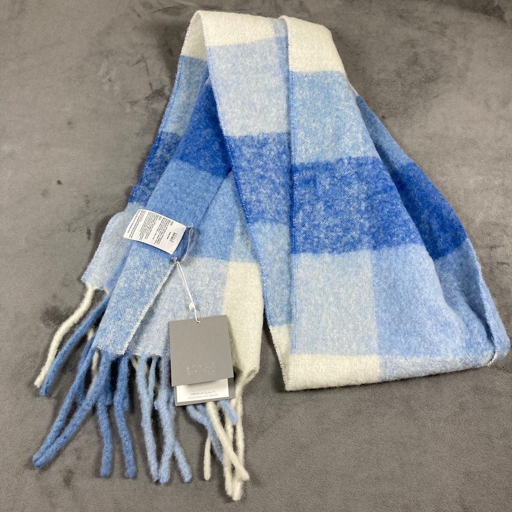 Style Republic Woven Check Scarf Blue White Wool Alpaca Mohair Blend NWT